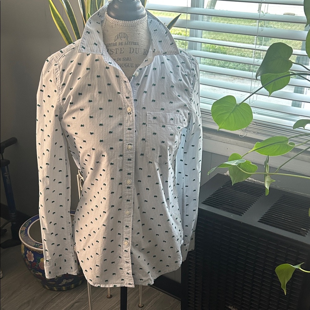Elegant Blue and White Striped Polka Dot Button-Down Shirt